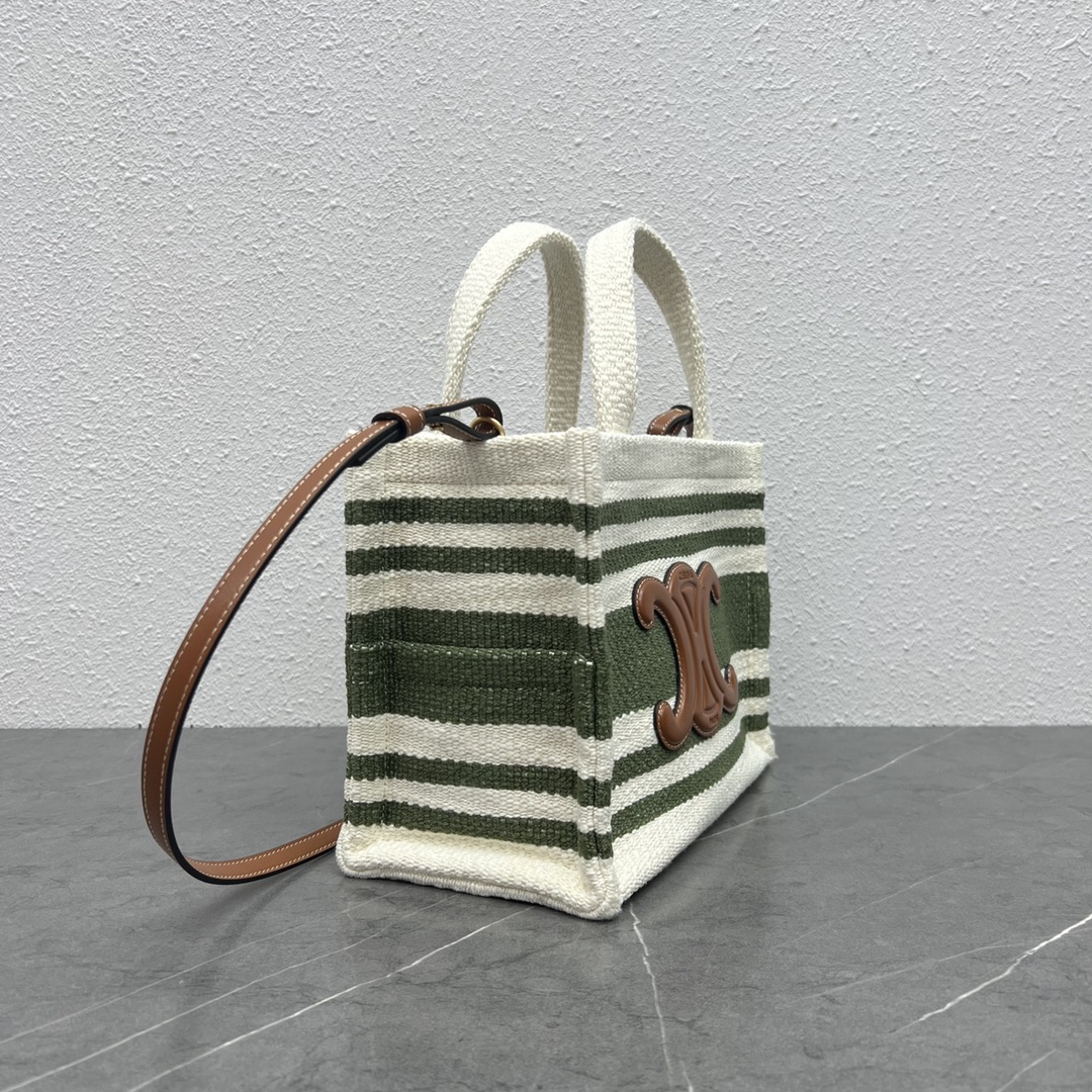 Celine Small Cabas Thais In Striped Textile And Calfskin Cream/Green 199162